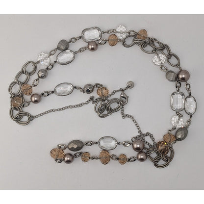Boho Modern Glam Loft Long Layering Glass Crystal Beaded Necklace Silver Neutral
