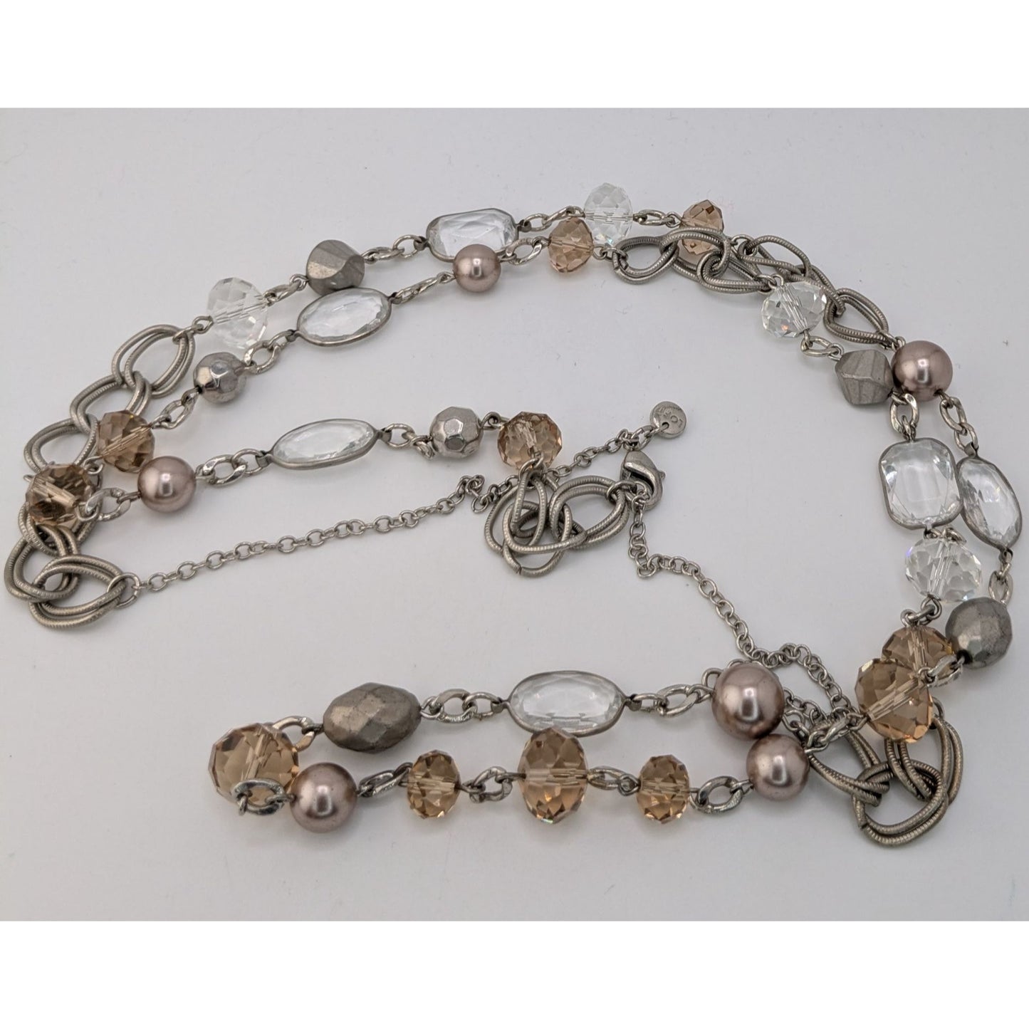 Boho Modern Glam Loft Long Layering Glass Crystal Beaded Necklace Silver Neutral