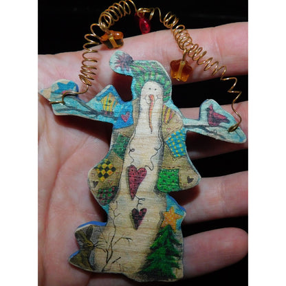 Handmade Vintage Rustic Wooden Snowman Brooch