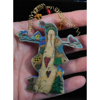Handmade Vintage Rustic Wooden Snowman Brooch