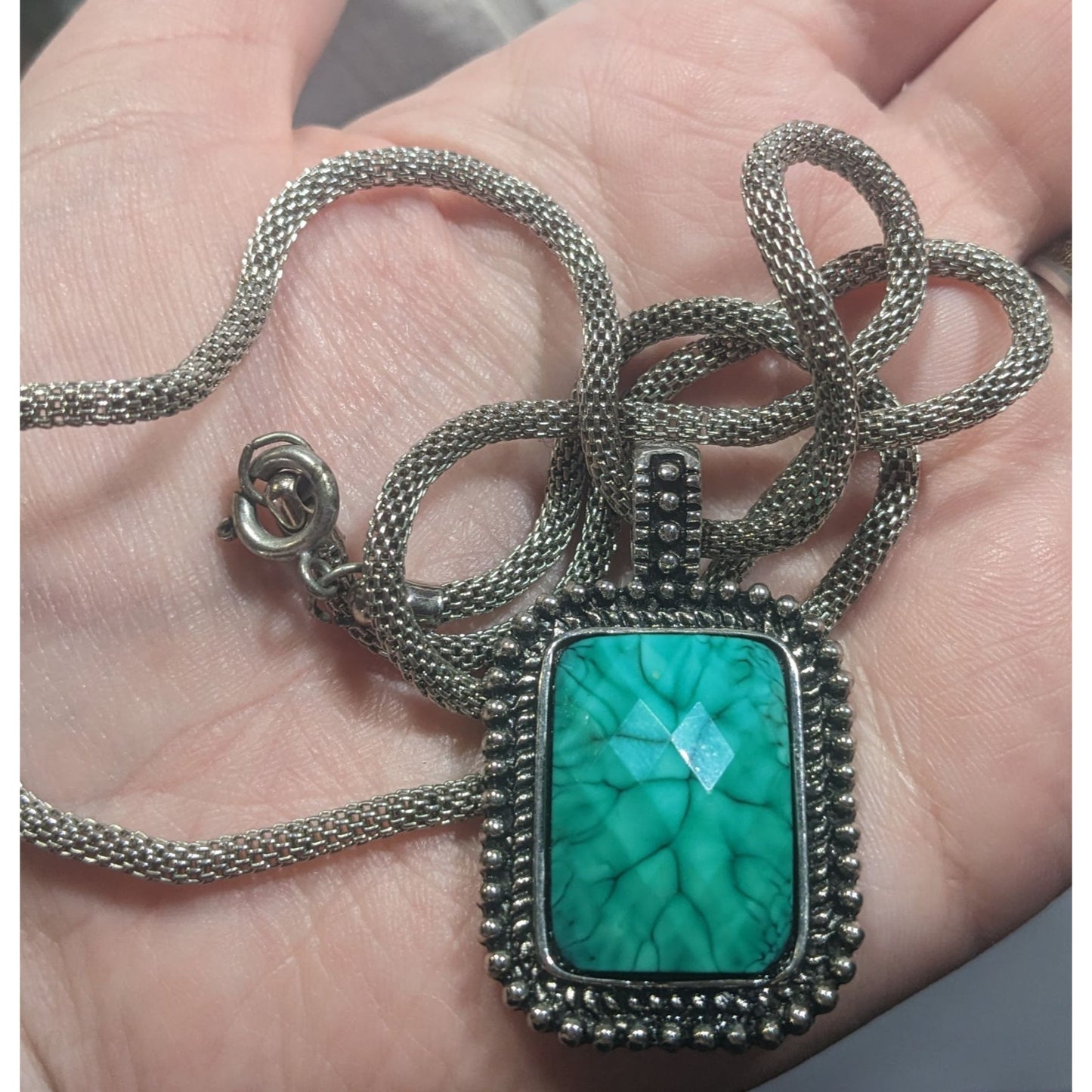 Funky Faceted Turquoise Tone Pendant Necklace