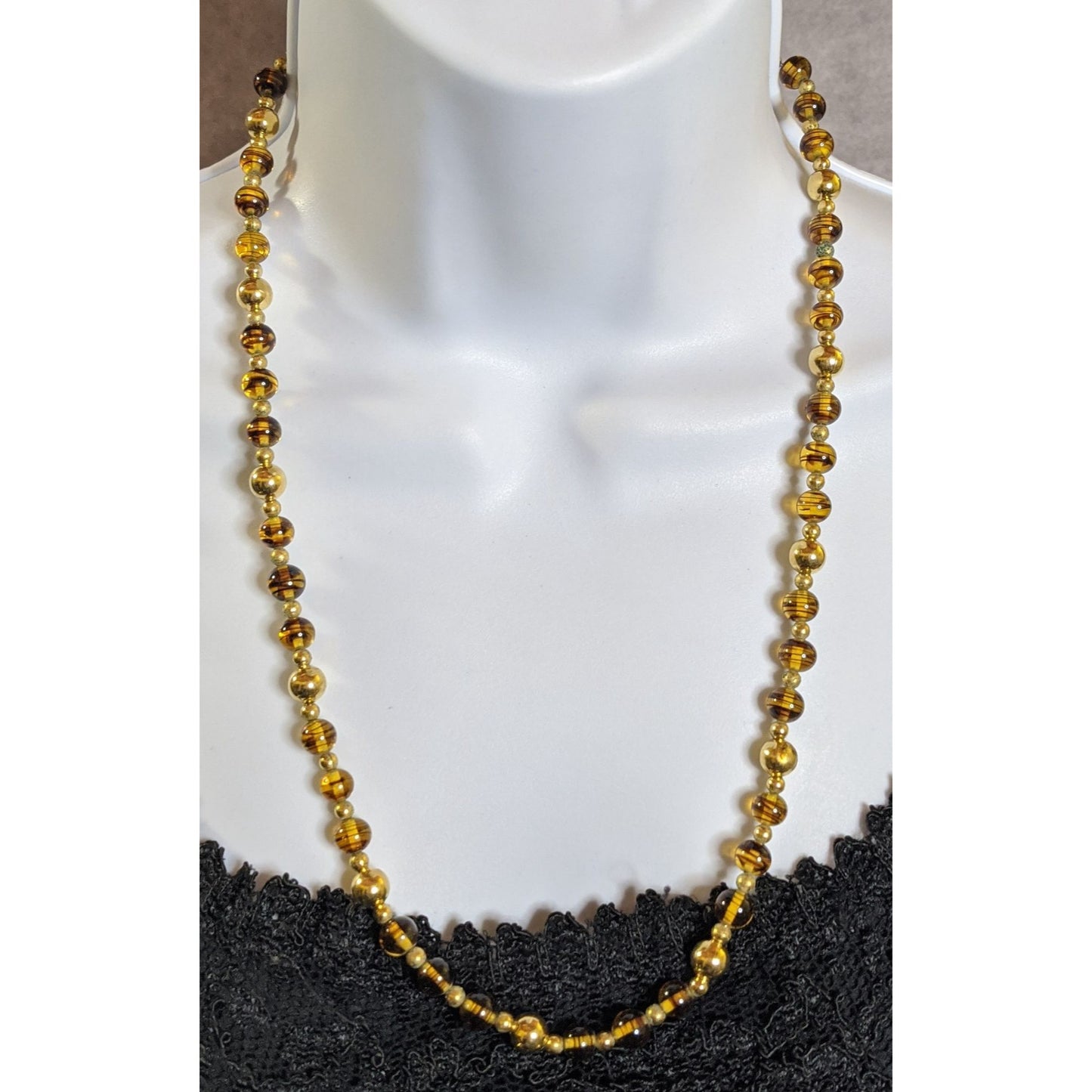 Vintage Napier Retro Gold Tone & Amber Glass Bead Necklace With Striped Design