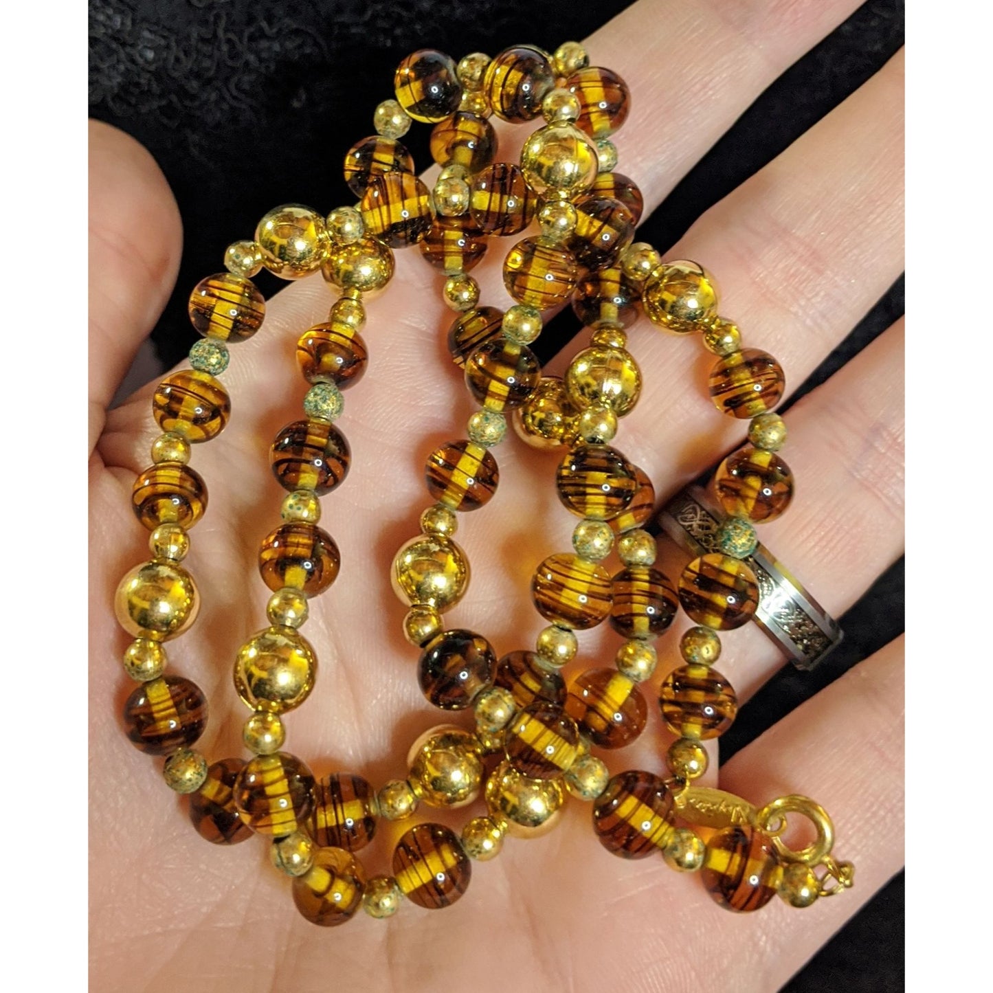 Vintage Napier Retro Gold Tone & Amber Glass Bead Necklace With Striped Design