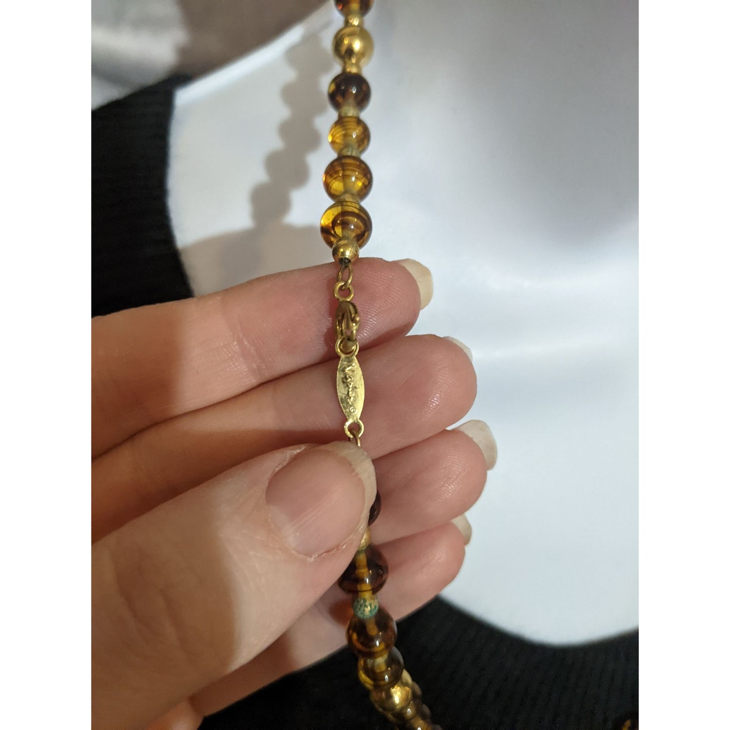 Vintage Napier Retro Gold Tone & Amber Glass Bead Necklace With Striped Design