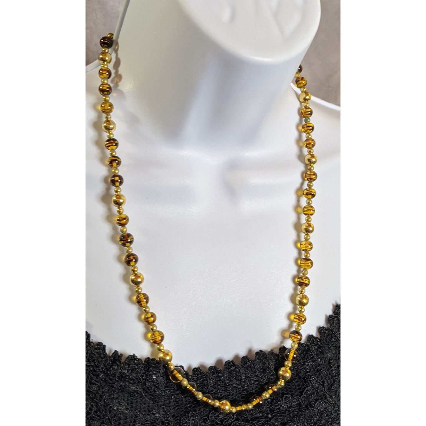 Vintage Napier Retro Gold Tone & Amber Glass Bead Necklace With Striped Design