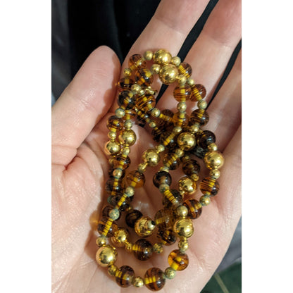 Vintage Napier Retro Gold Tone & Amber Glass Bead Necklace With Striped Design