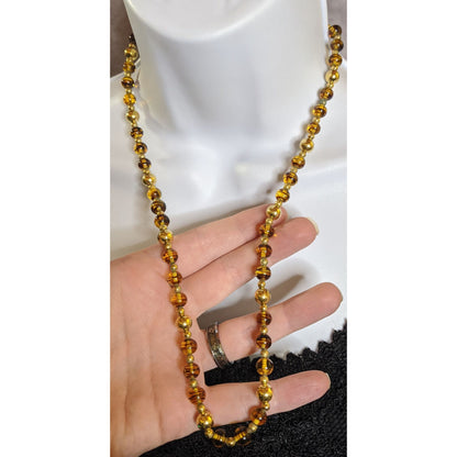 Vintage Napier Retro Gold Tone & Amber Glass Bead Necklace With Striped Design