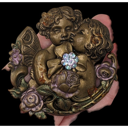 Vintage Victorian-Inspired Cherub Brooch With Rhinestones & Floral Accents