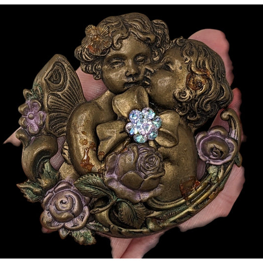 Vintage Victorian-Inspired Cherub Brooch With Rhinestones & Floral Accents