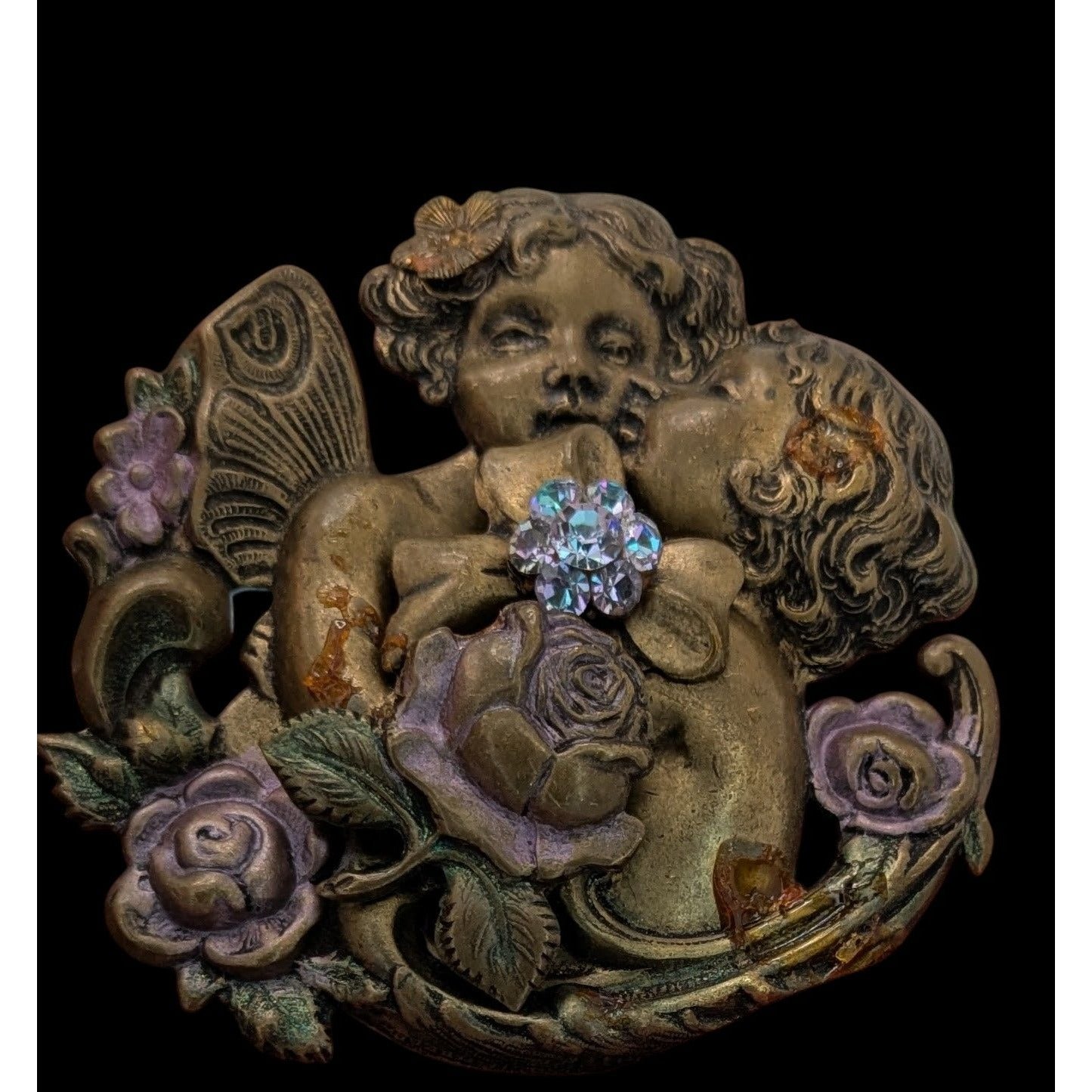 Vintage Victorian-Inspired Cherub Brooch With Rhinestones & Floral Accents