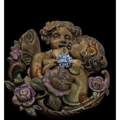 Vintage Victorian-Inspired Cherub Brooch With Rhinestones & Floral Accents