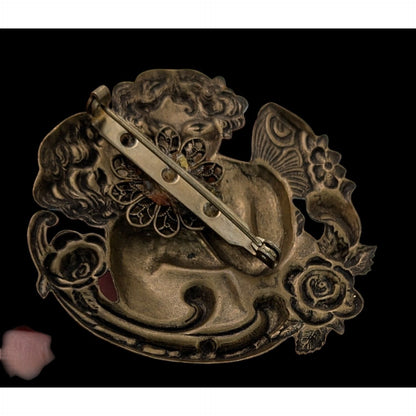 Vintage Victorian-Inspired Cherub Brooch With Rhinestones & Floral Accents