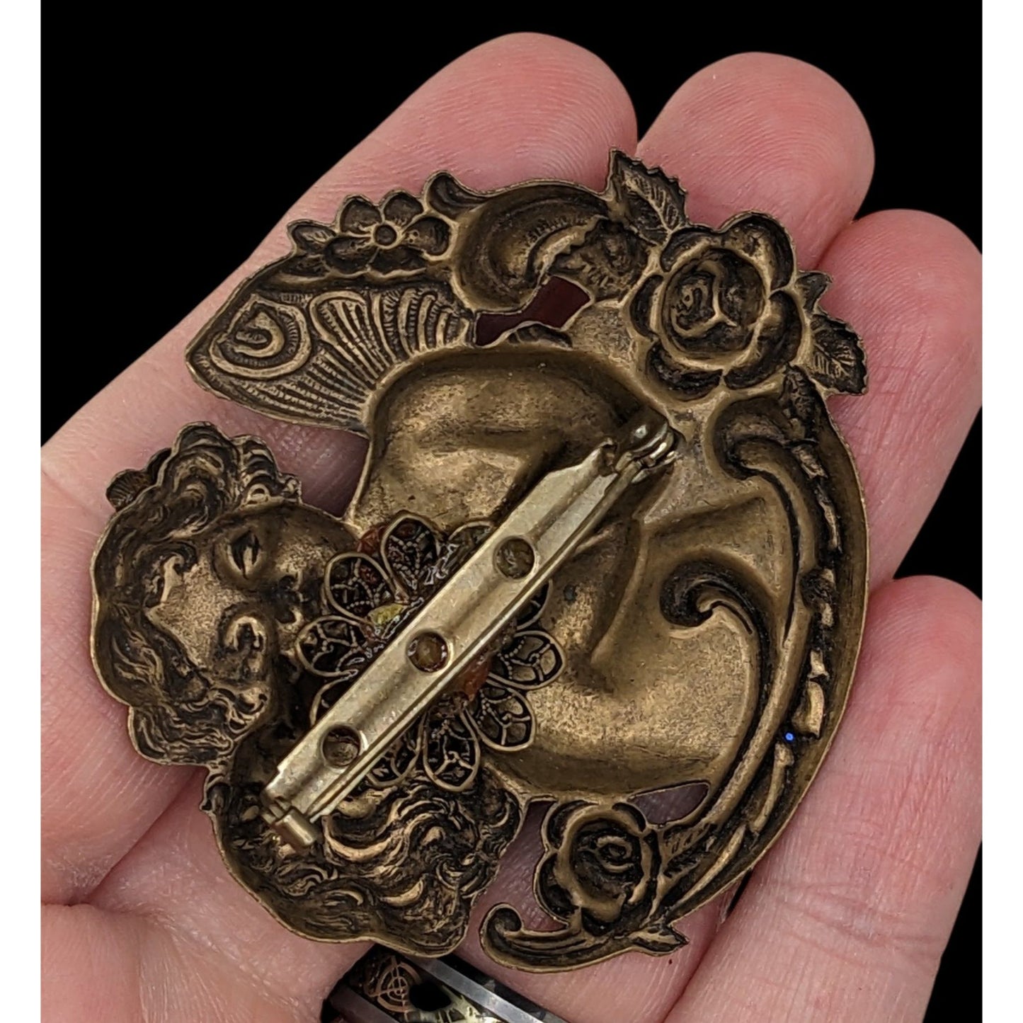 Vintage Victorian-Inspired Cherub Brooch With Rhinestones & Floral Accents