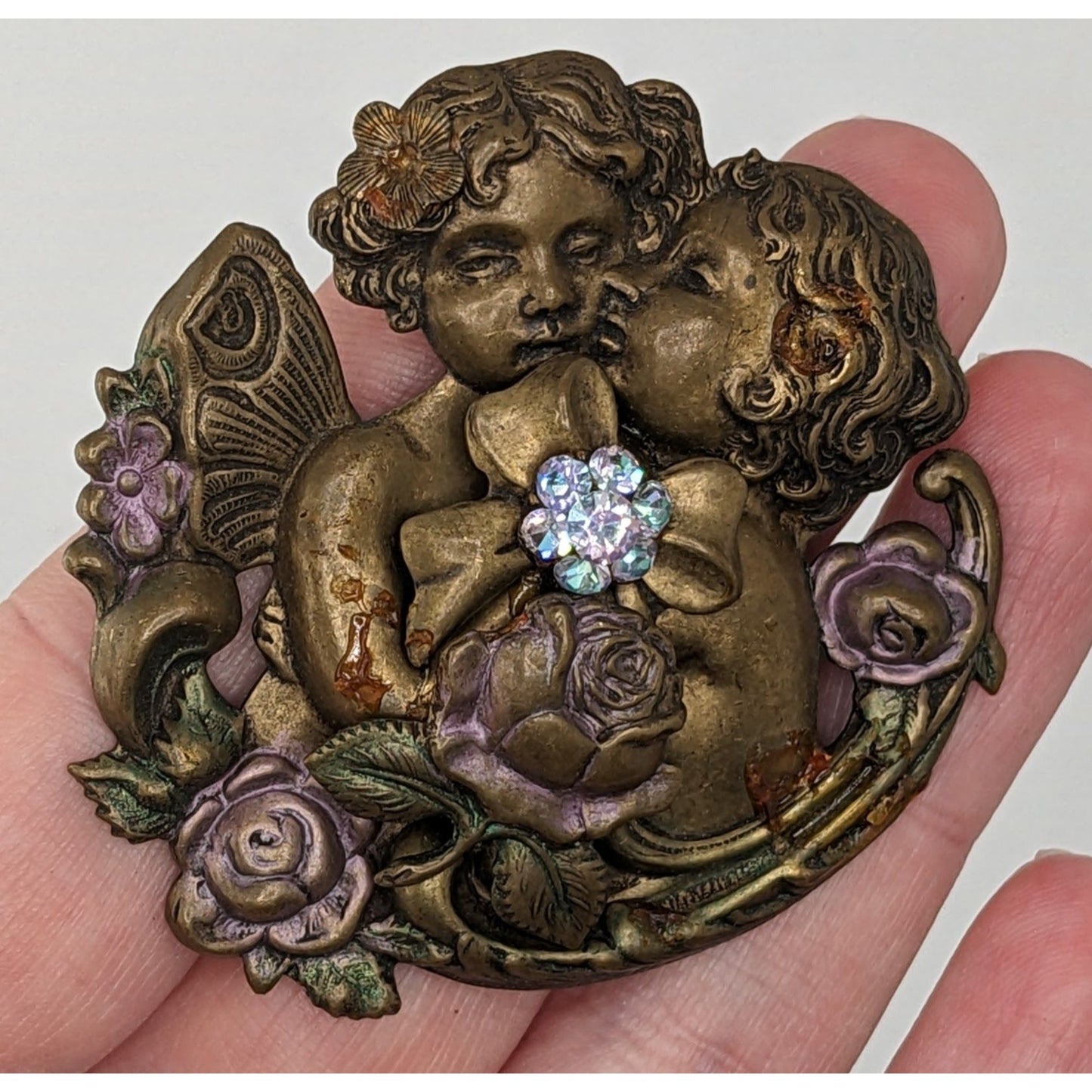 Vintage Victorian-Inspired Cherub Brooch With Rhinestones & Floral Accents