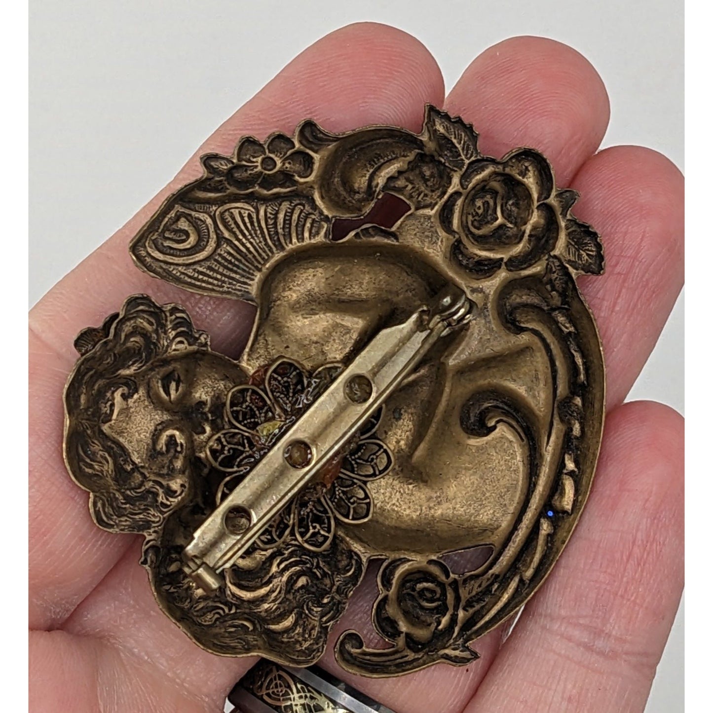Vintage Victorian-Inspired Cherub Brooch With Rhinestones & Floral Accents