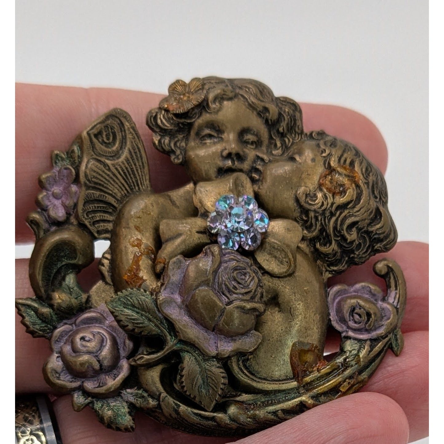 Vintage Victorian-Inspired Cherub Brooch With Rhinestones & Floral Accents