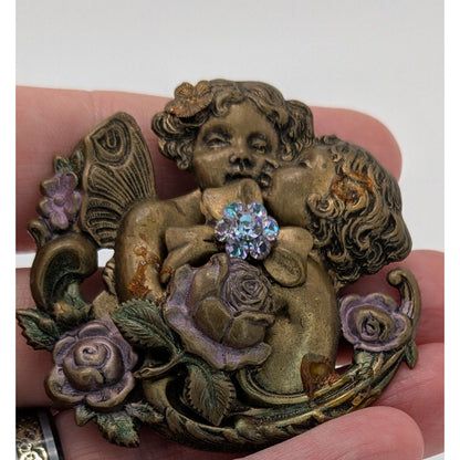Vintage Victorian-Inspired Cherub Brooch With Rhinestones & Floral Accents