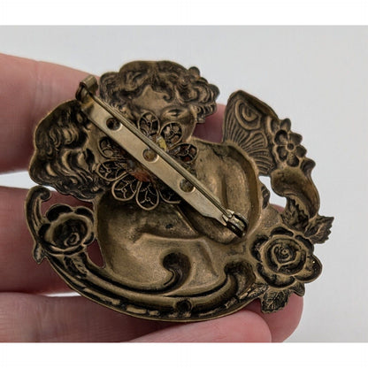 Vintage Victorian-Inspired Cherub Brooch With Rhinestones & Floral Accents