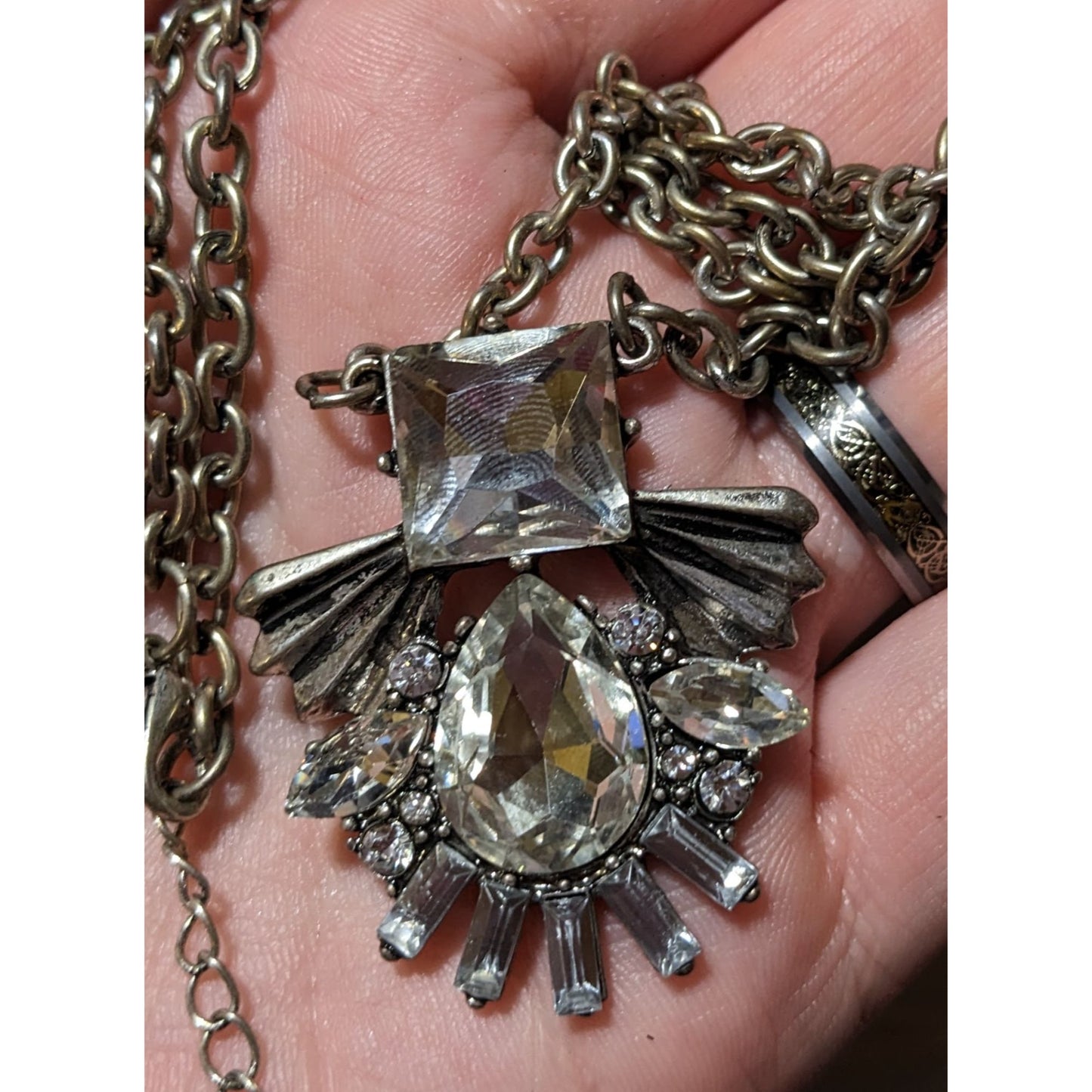 Art Deco Silver Glass Gemmed Pendant Necklace