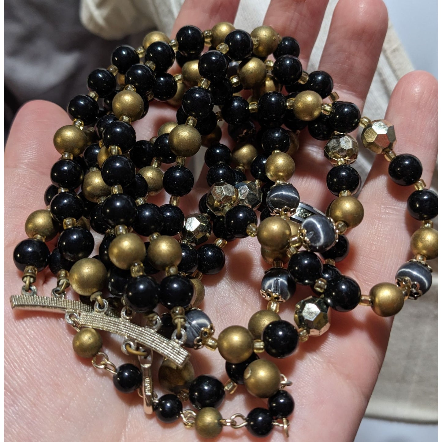 Vintage Japan Black And Gold Beaded Multilayer Necklace