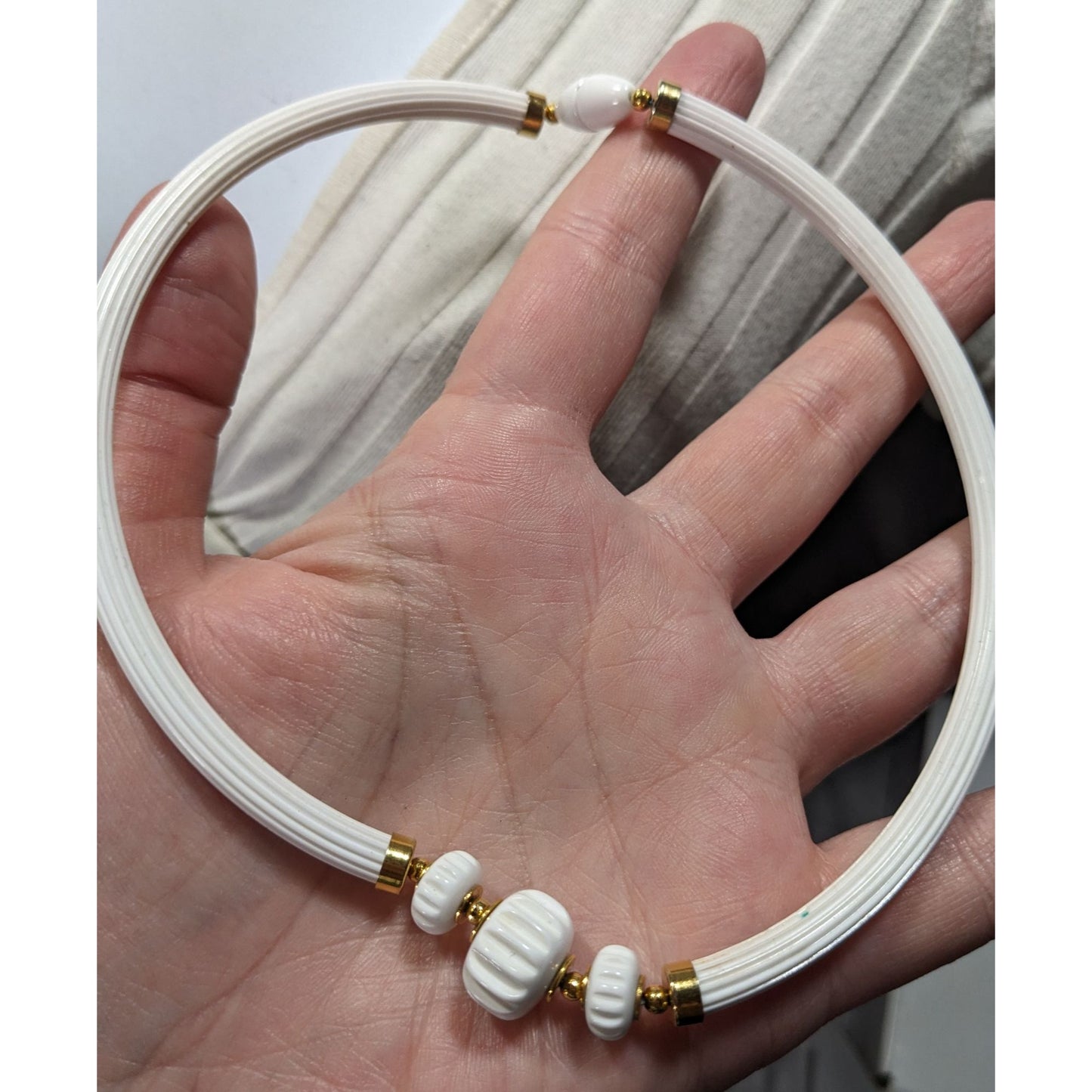 Vintage White Artsy Collar Necklace With Lucite And Gold Tone Accents
