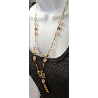 Pink And Gold Filigree Flower Tassel Necklace