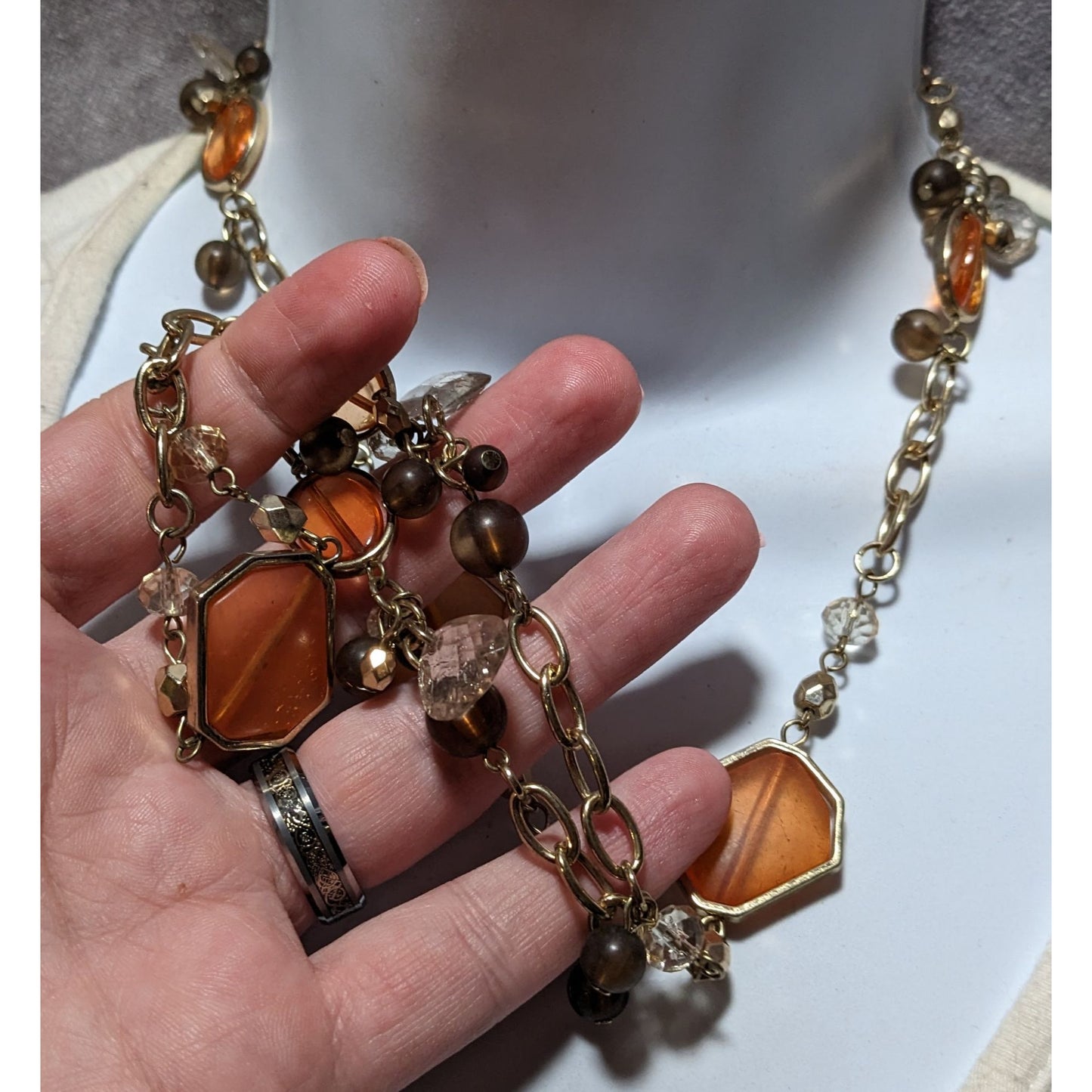 Retro Orange And Gold Glass Charm Necklace