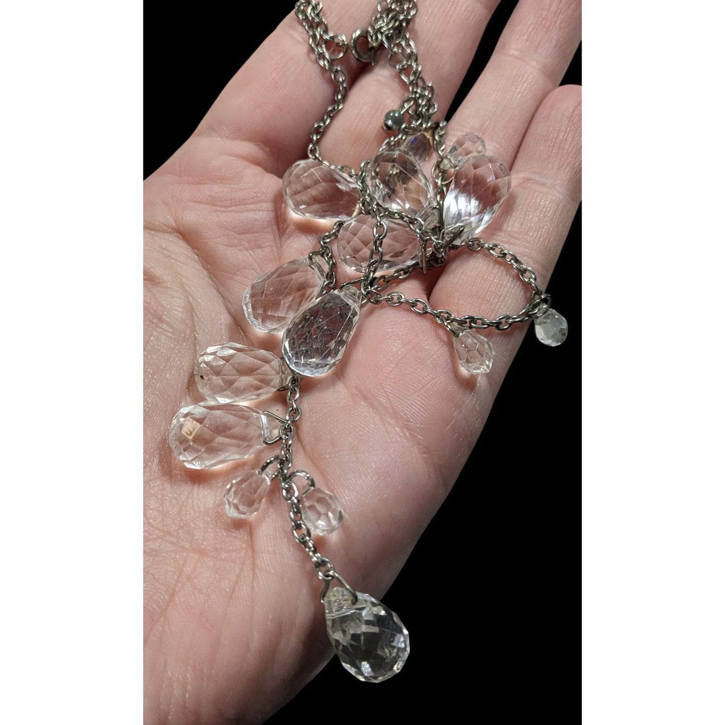 Whimsical Crystal Teardrop Y Drop Necklace On Silver Tone Chain