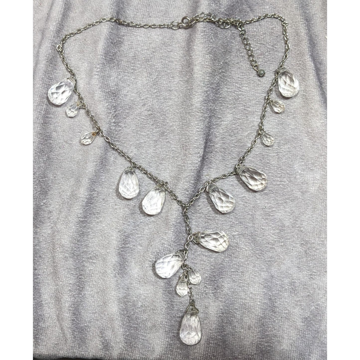 Whimsical Crystal Teardrop Y Drop Necklace On Silver Tone Chain