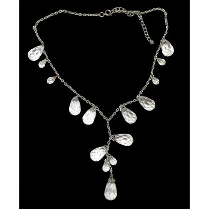 Whimsical Crystal Teardrop Y Drop Necklace On Silver Tone Chain