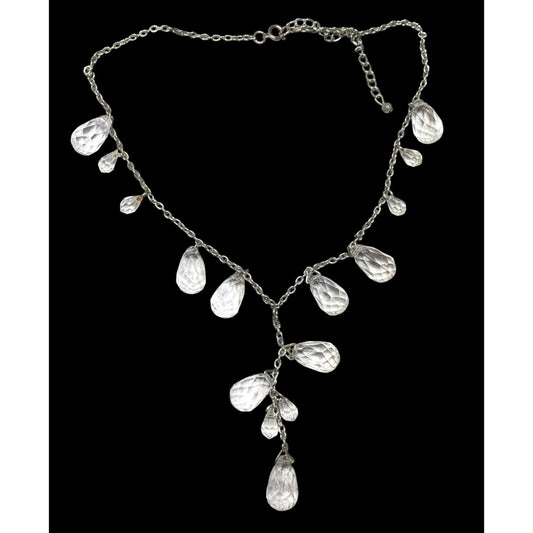 Whimsical Crystal Teardrop Y Drop Necklace On Silver Tone Chain