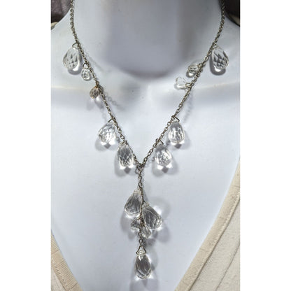 Whimsical Crystal Teardrop Y Drop Necklace On Silver Tone Chain