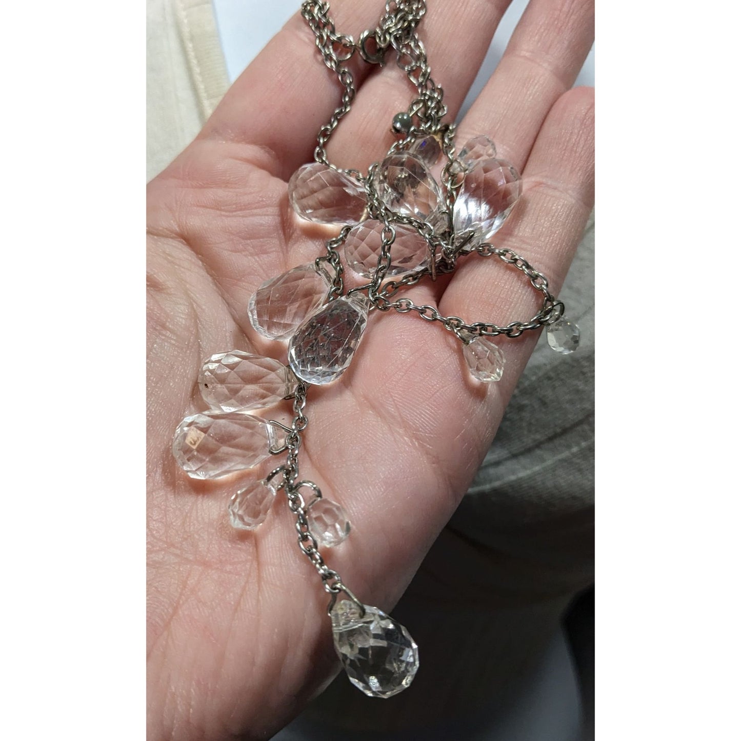 Whimsical Crystal Teardrop Y Drop Necklace On Silver Tone Chain