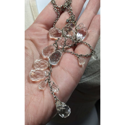 Whimsical Crystal Teardrop Y Drop Necklace On Silver Tone Chain