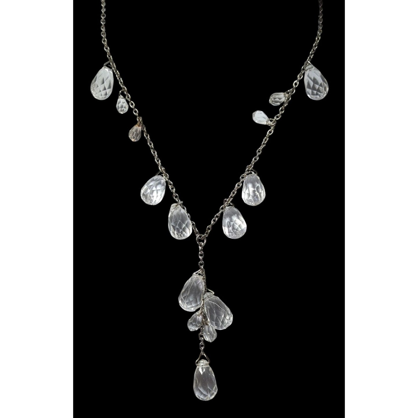 Whimsical Crystal Teardrop Y Drop Necklace On Silver Tone Chain