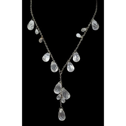 Whimsical Crystal Teardrop Y Drop Necklace On Silver Tone Chain