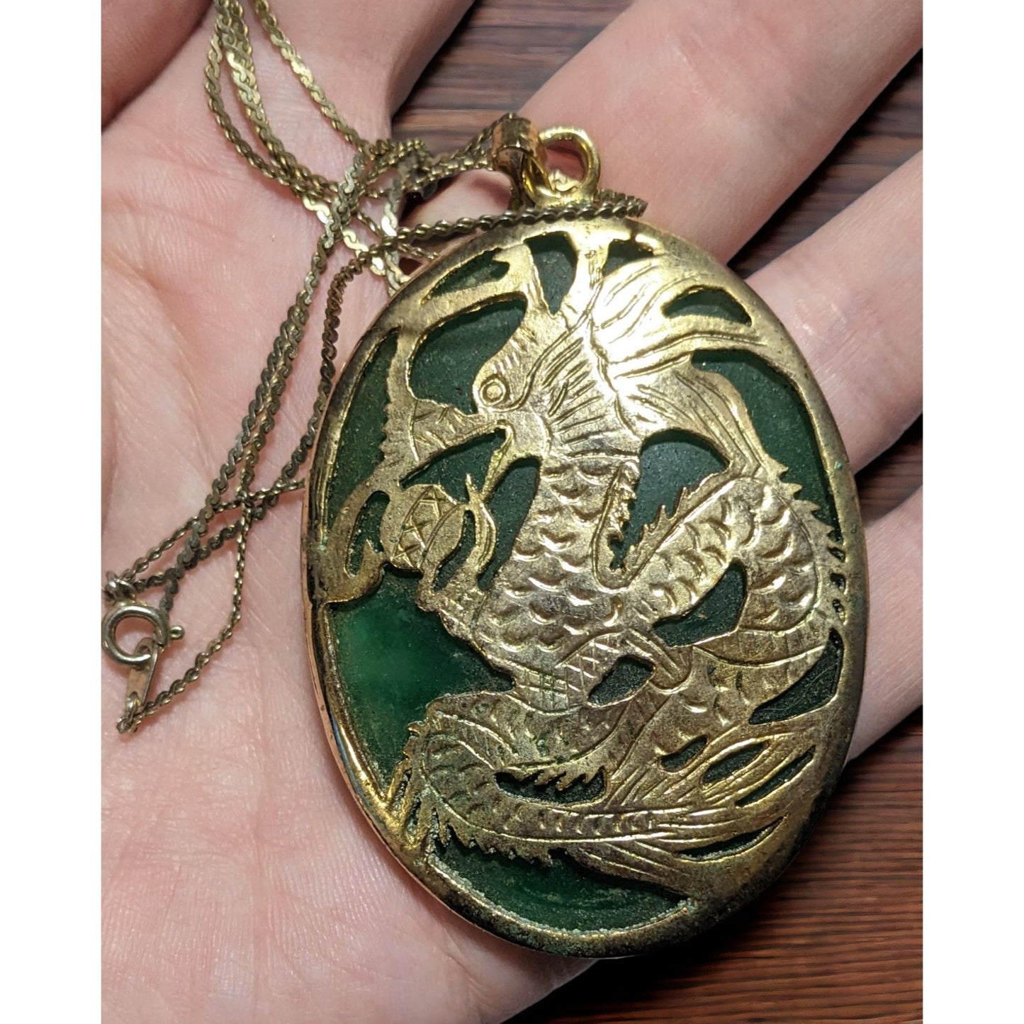 Vintage Green And Gold Japanese Dragon Medallion Necklace