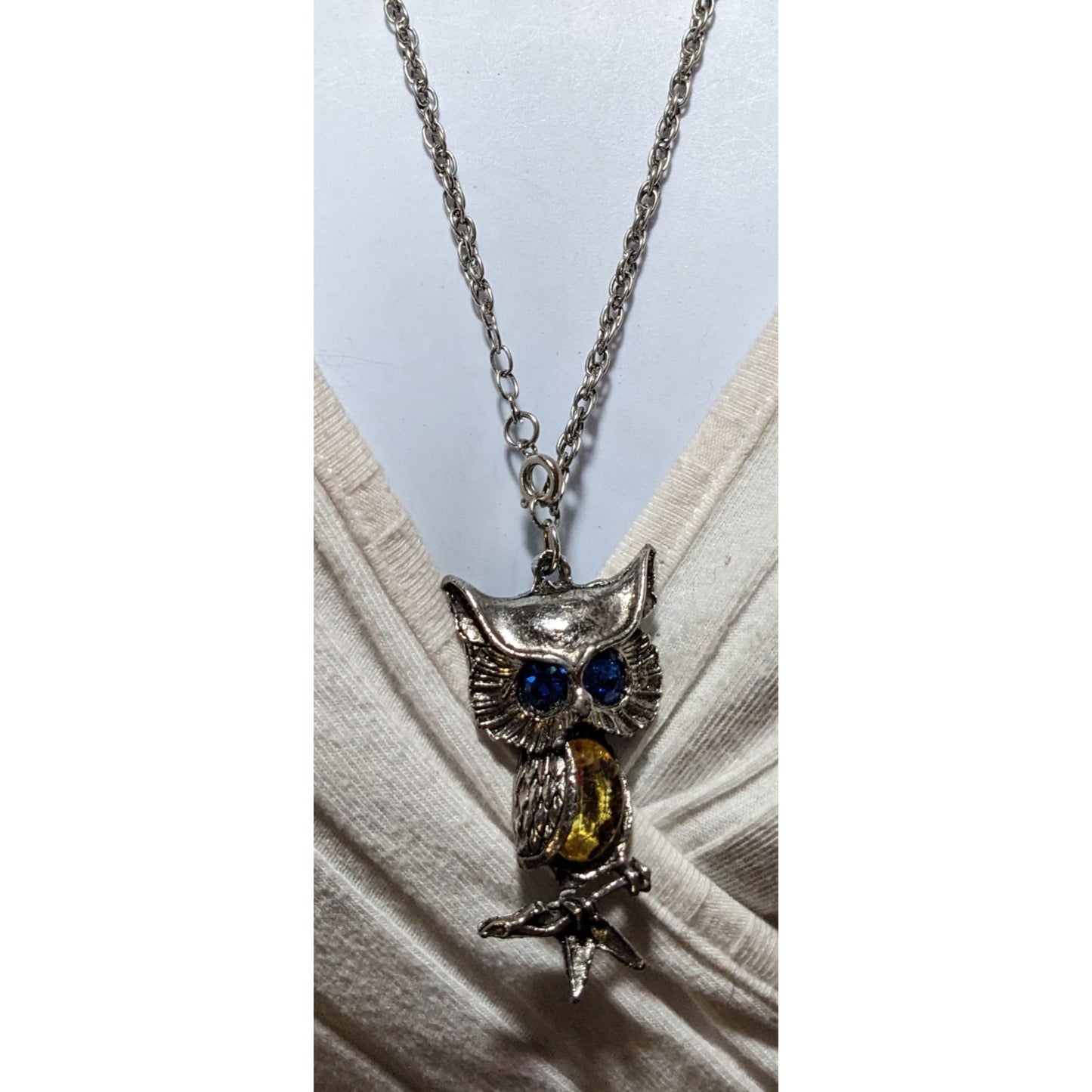 Blue And Yellow Gemmed Steampunk Owl Necklace