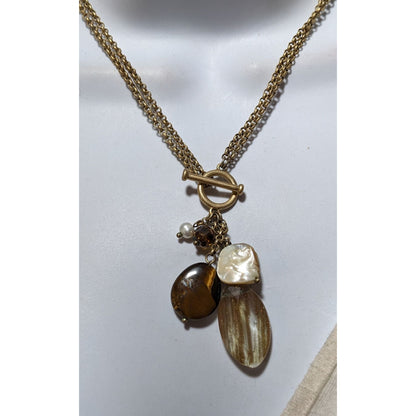 Retro Gold Shimmer Beaded Charm Toggle Necklace