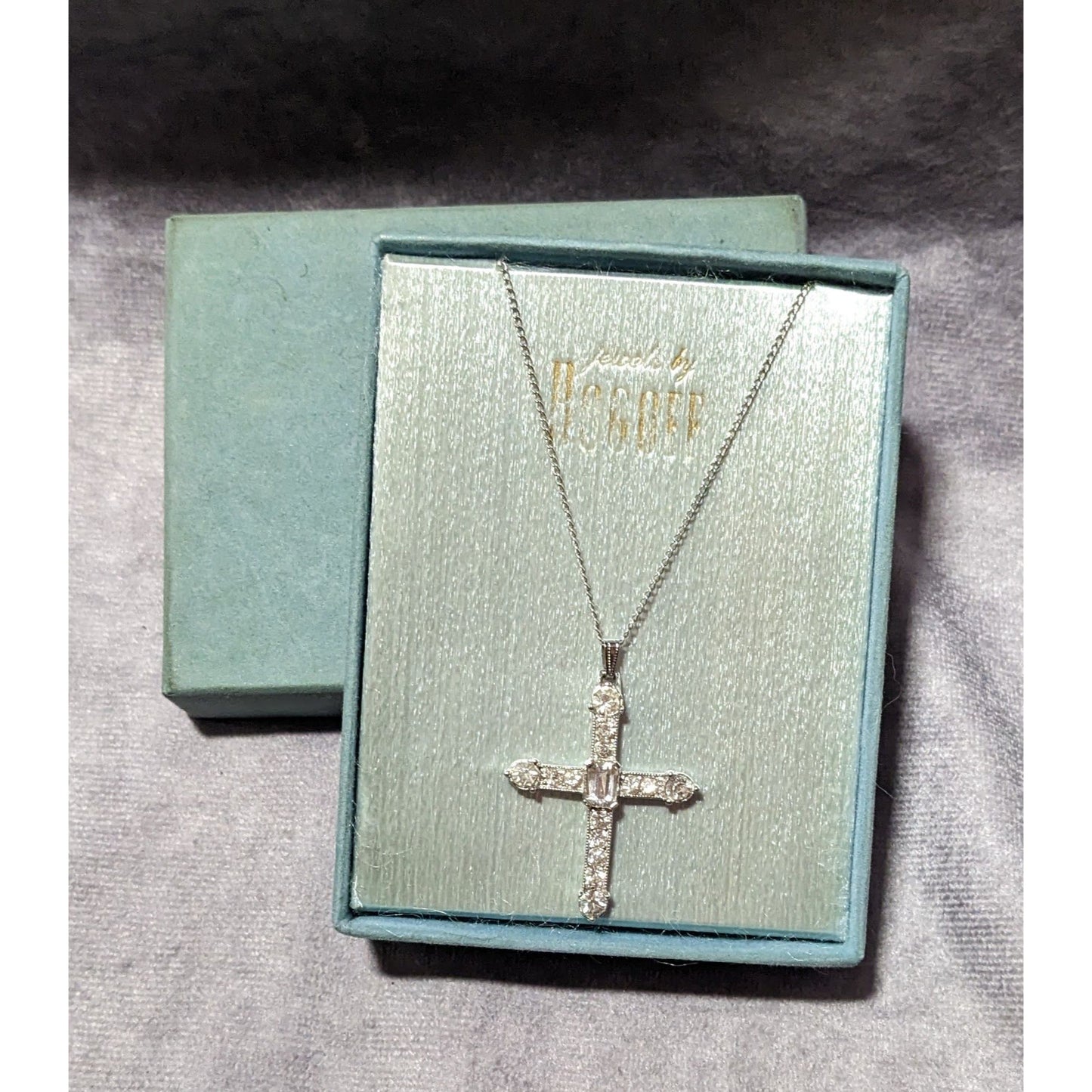 Vintage 40s Bogoff Gemmed Silver Tone Cross Necklace