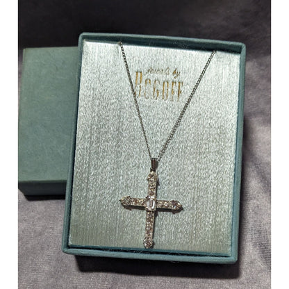 Vintage 40s Bogoff Gemmed Silver Tone Cross Necklace