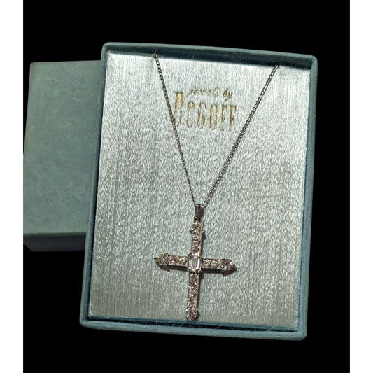 Vintage 40s Bogoff Gemmed Silver Tone Cross Necklace