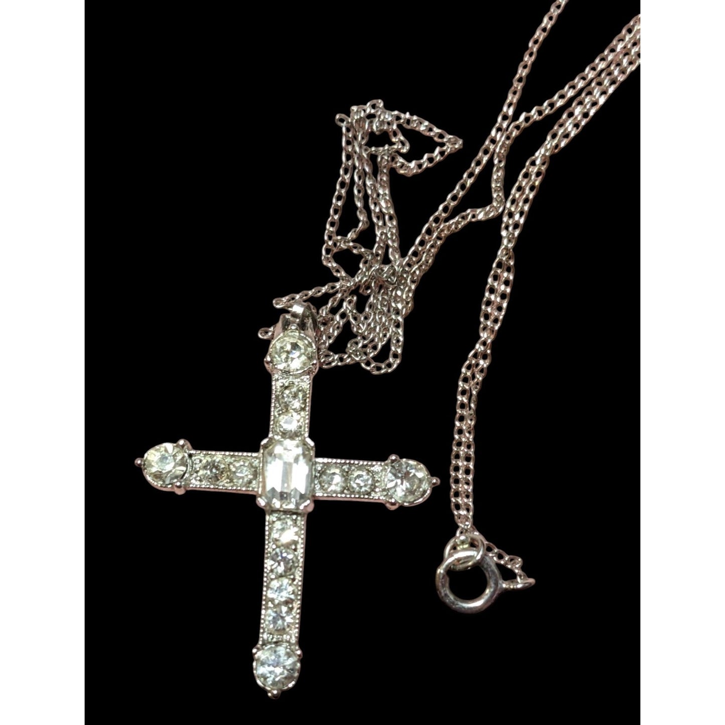 Vintage 40s Bogoff Gemmed Silver Tone Cross Necklace