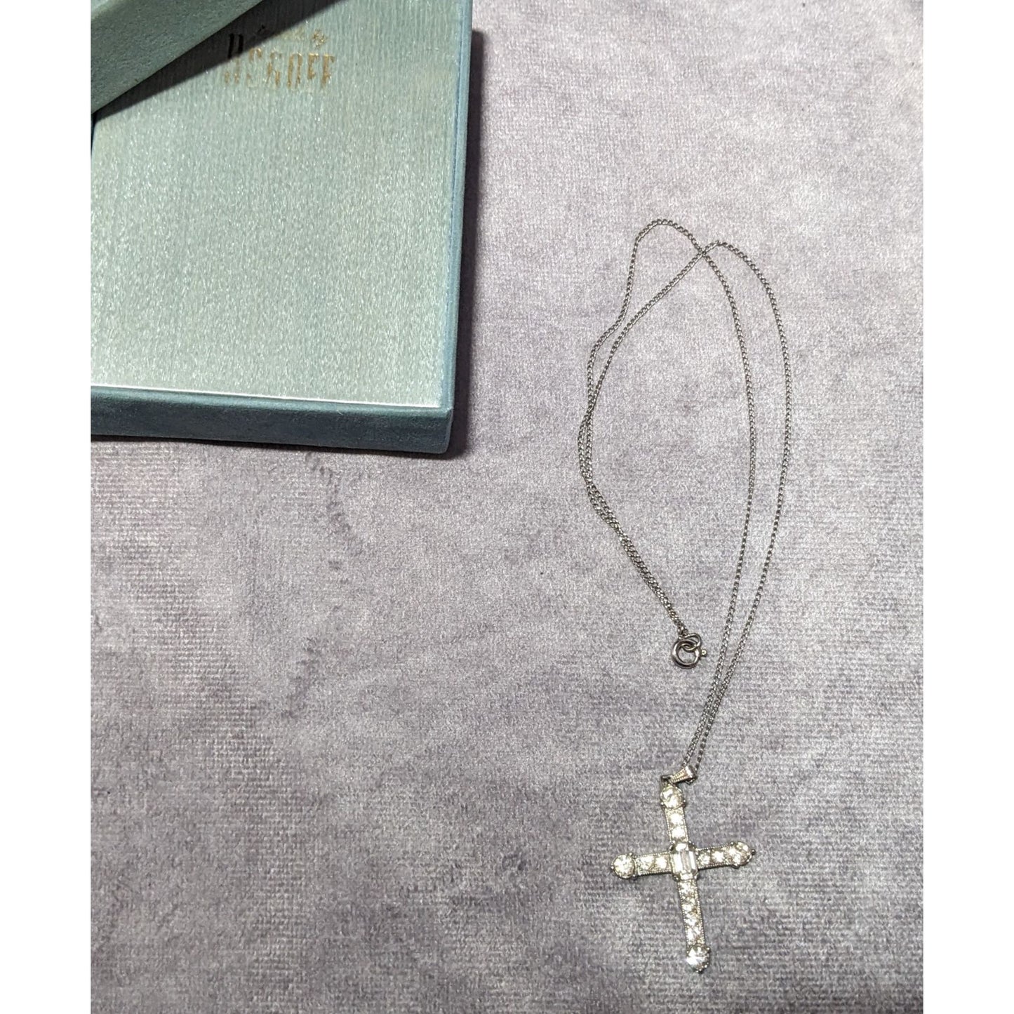 Vintage 40s Bogoff Gemmed Silver Tone Cross Necklace