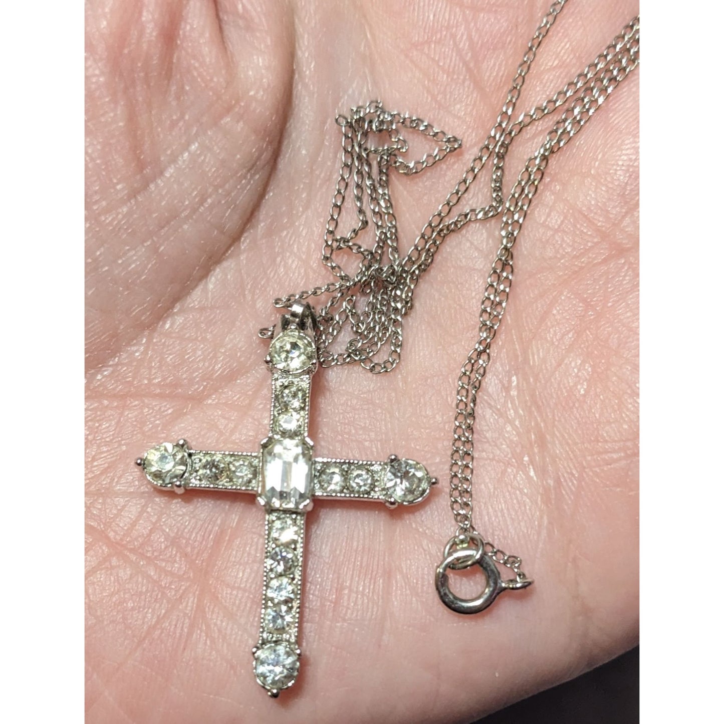 Vintage 40s Bogoff Gemmed Silver Tone Cross Necklace