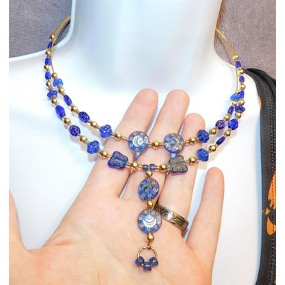 Blue And Gold Celestial Beaded  Necklace