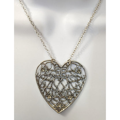 Silver Floral Filigree Heart Pendant Necklace