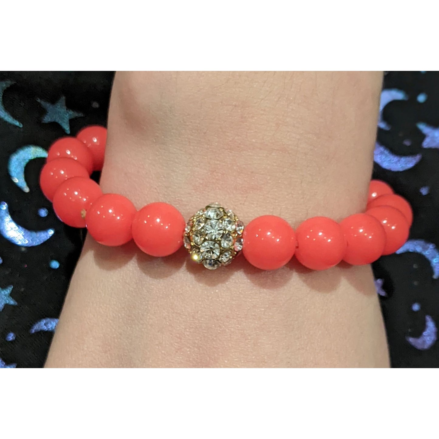 Neon Coral Rhinestone Beaded Stretch Bracelet