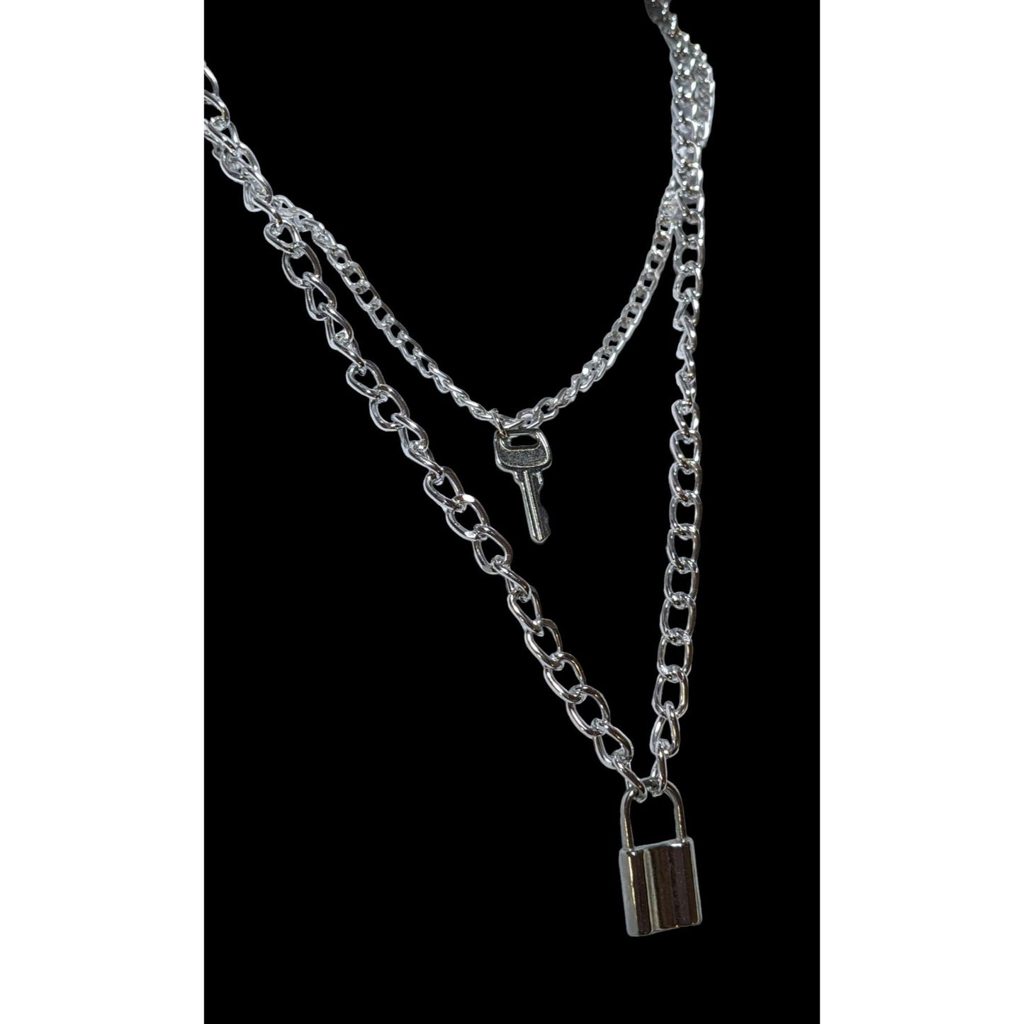 Multilayer Silver Padlock And Key Necklace