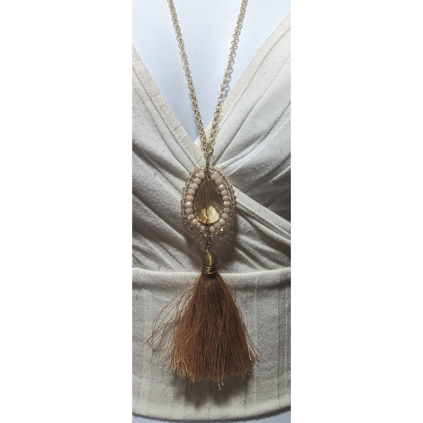 Bohemian Crystal Pendant Necklace With Tassel & Beaded Details